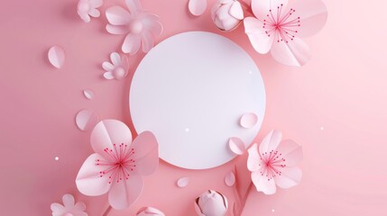 Empty white circle with sakura flower papercut style on pink background