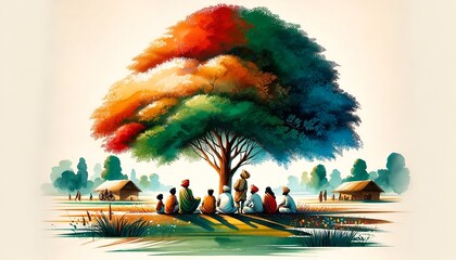 Watercolor illustration for panchayati raj day with the scene of indian villagers under a large tree.