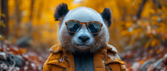 Fototapeta premium a close up of a panda wearing sunglasses and a jacket with trees in the background and leaves in the foreground.