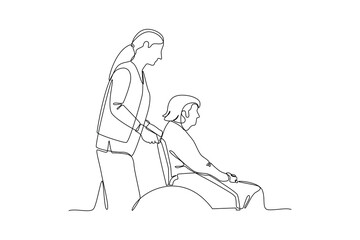 Single one line drawing people helping grandma push the wheelchair. Team work people trust assistance. Technology gear collaboration solution. Continuous line draw design vector