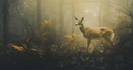 mixed media photography, fusing photography and digital art, ethereal a doe deer in a forest, an indefinite light, and a beautiful, calm tone