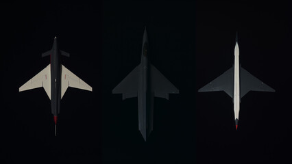 Stealth trio: high-tech defense drones showcased against a black background, 3d concept of an aerial defense systems