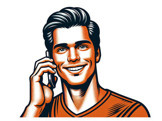 スマホで通話する笑顔の男性のレトロなイラスト