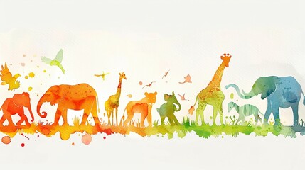 Naklejka premium Safari animals parade in a lively watercolor adventure.