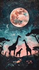 Safari animals under moonlight