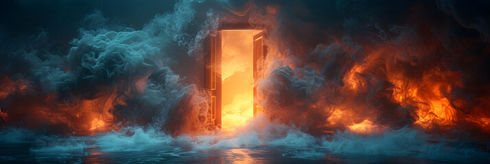 Choosing path Two doors with smoke and light,
Illustration of sinful curse hell gate with smoke and flame 