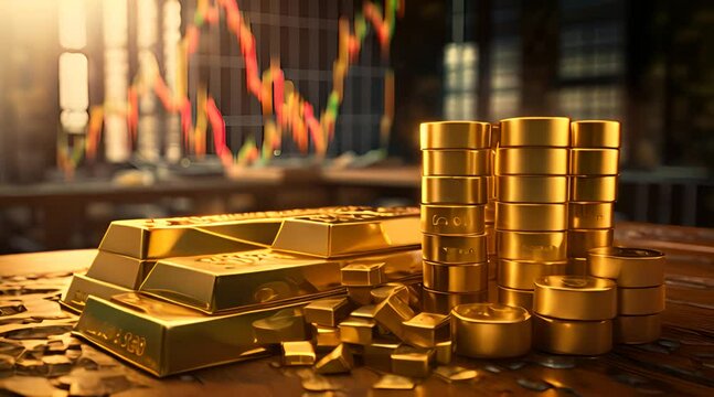 Gold bars and coins on a wooden surface with stock market graphs in the background, symbolizing wealth and investment