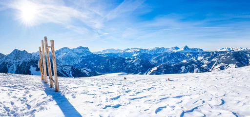 Tuinposter Wide panoramic view of winter landscape with snow covered Dolomites in Kronplatz, Italy © beataaldridge