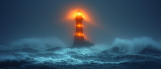 Fototapeta premium a lighthouse in the middle of a large body of water with a light on top of it in the middle of the night.
