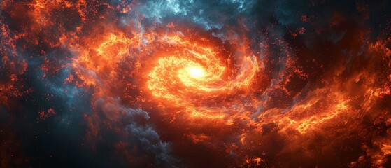 Fototapeta premium a computer generated image of a red and blue spiral in the center of a dark blue and orange cloud filled sky.