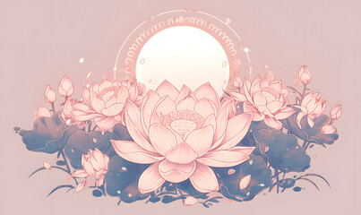 bunch of lotus flower with a full moon and a mandala, Generative AI 