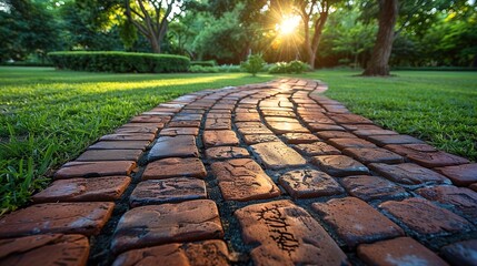 A brick pathway blends seamlessly with its surroundings, offering a tactile experience that e - obrazy, fototapety, plakaty