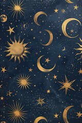 Moons and suns, in the style of hand drawn celestial illustrations