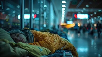 Airport terminals become makeshift bedrooms as passengers wait out flight delays, embracing the - obrazy, fototapety, plakaty