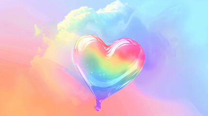 Heart shaped balloons. the joy of Pride Month, featuring a heart-shaped liquified rainbow in pastel colors, set against a soft, inviting sky background. 