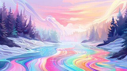 Background featuring a fantasy landscape where the ground itself ripples with liquified rainbow pastel colors, reflecting the dreams and aspirations of the LGBTQ+ community during Pride Month.