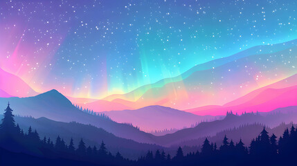 Aurora borealis, with a liquified effect in soft pastel rainbow colors, creating a magical sky over a silhouetted landscape background.