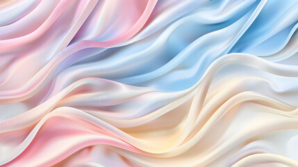 Abstract background with waves. A liquified effect that creates smooth, flowing patterns in blue, pink pastel, and ivory. The design evokes the elegance and softness of luxurious fabric.