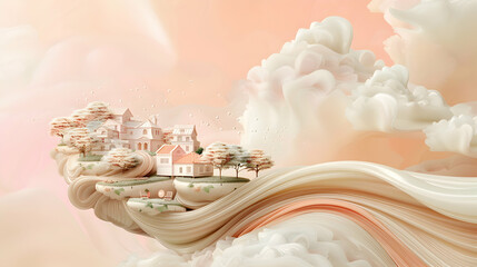 Illustration of a floating island, with a liquified surface swirling in champagne, beige, pink pastel, and ivory. Tiny fantastical home. Creative fantasy city. 