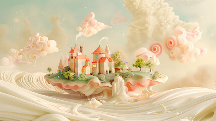 Illustration of a floating island, with a liquified surface swirling in champagne, beige, pink pastel, and ivory. Tiny fantastical home. Creative fantasy city. 