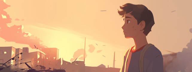 The lost soul: illustration of a young man confronts a war-torn city