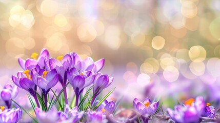 purple crocus flowers on bokeh background