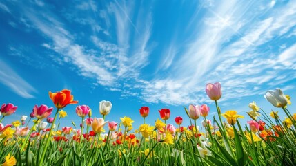 expansive field of vibrant tulips with blue sky , low angle photography