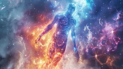 spiritual awakening as the human body transformed into a galaxy, merging cosmic vastness, spiritual literature, mindfulness resources, or metaphysical artwork