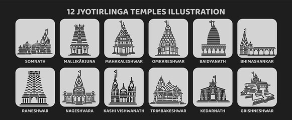 12 Jyotirlinga temples vector icon set. 12 Shivas Mandir illustration.