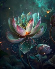 Cosmic Blossom Illuminated by Luminescent Fireflies in Ethereal Underwater Realm