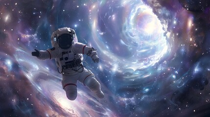 Cosmic Odyssey of an Intrepid Astronaut Adrift in a Kaleidoscopic Celestial Whirlpool - obrazy, fototapety, plakaty