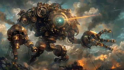 Tuinposter Clockwork Golem Bursting Forth from the Earth,Scaling Walls with Transforming Grappling Hooks © T