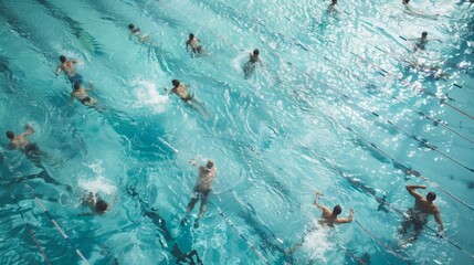 A refreshing post-workout swim in a sparkling pool, with swimmers enjoying the invigorating sensation of movement and the soothing properties of water.