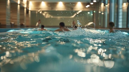 A refreshing post-workout swim in a sparkling pool, with swimmers enjoying the invigorating sensation of movement and the soothing properties of water.