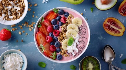 A refreshing smoothie bowl with a colorful array of toppings, including fresh fruit, granola, and coconut flakes, for a nutritious and delicious breakfast option.