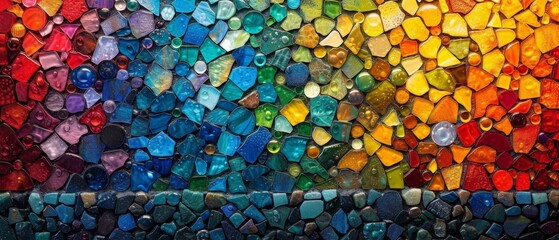 a close up of a multicolored wall made of rocks and glass stones with a rainbow of colors in the background.