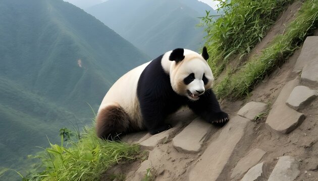 A-Giant-Panda-Climbing-A-Steep-Mountain-Slope-