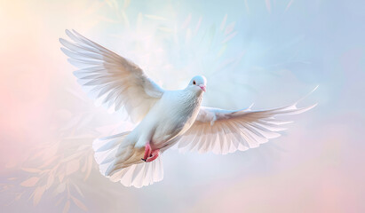 a white dove of peace flies against the background of a gentle pastel sky. Symbol of peace and pacifism