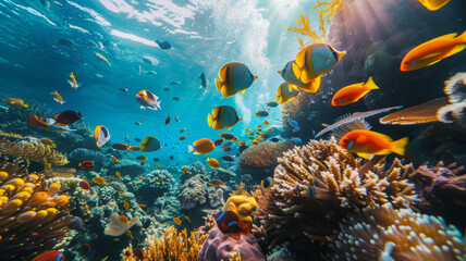 Fototapeta na wymiar A vivid underwater landscape with colorful tropical fish swimming among coral reefs, illuminated by streaming sunlight from above.