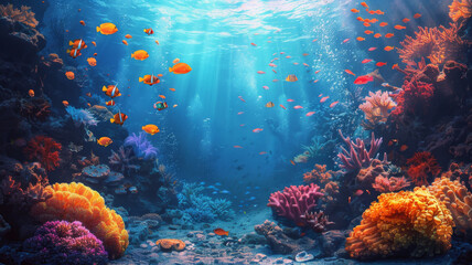A mesmerizing underwater ecosystem showcasing a diverse coral reef teeming with fish, bathed in beams of sunlight.