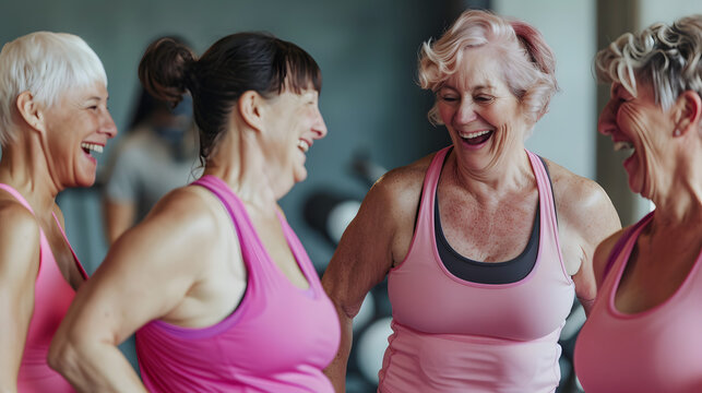A group of middle-aged women in pink tank tops and yoga pants laughing together at the gym