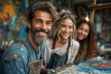 Three artists share a joyous moment in a creative workshop, highlighting collaboration and friendship