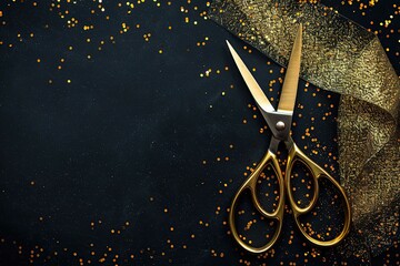 Scissors on black with golden glitter - obrazy, fototapety, plakaty