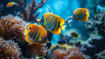 Fototapeta na wymiar A stunning view of a vibrant aquarium scene with colorful tropical fishes swimming among healthy coral reefs.