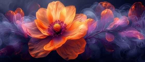 a close up of an orange and purple flower with smoke coming out of the center of the flower and the center of the flower.