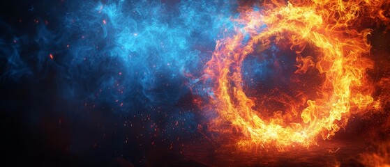 a close up of a ring of fire in the middle of a dark background with blue and orange smoke coming out of it. - obrazy, fototapety, plakaty