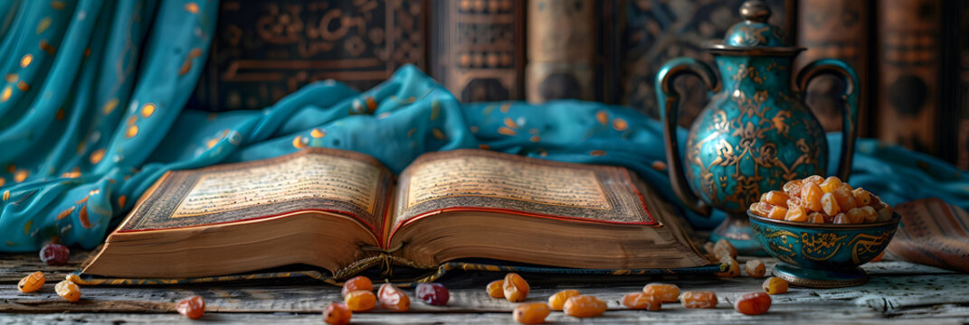 
Background Lantern, Dish of Dates, and Quran on Ramadan,
The open Holy book Koran Quran of Allah
