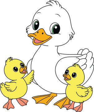Cute kawaii duck family cartoon character vector illustration, Mothers day colouring page for kids