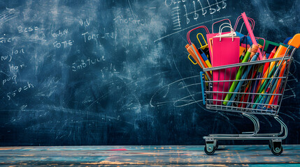 A shopping cart full of school supplies against a blackboard background with space for copy - obrazy, fototapety, plakaty
