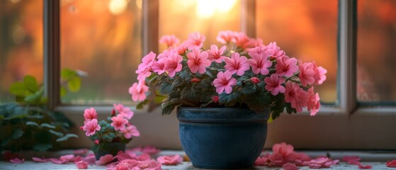 a potted plant with pink flowers sitting in front of a window with pink petals on the window sill.